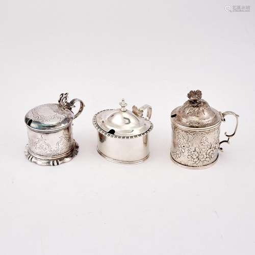 Two English Sterling Silver Mustard Pots and a Silver Plated...