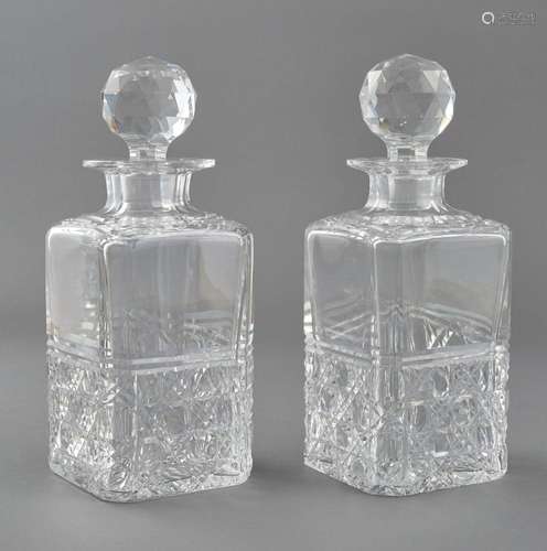 Pair of Scottish Cut Glass Square Decanters With Ball Stoppe...