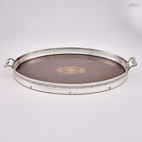 W.S.P. Co. Silver Plate, Glass and Mahogany Two-Handled Oval...