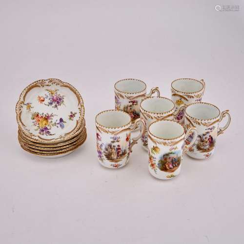 Set of Six Dresden Gilt and Floral Decorated Porcelain Handl...