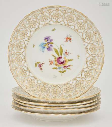 Set of Six Dresden Gilt Decorated and Hand-Painted Porcelain...