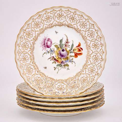 Set of Six Dresden Gilt Decorated and Hand-Painted Porcelain...