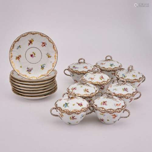 Set of Eight Dresden Gilt and Floral Decorated Porcelain Two...