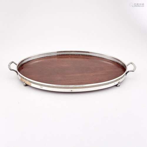 Silver Plate and Mahogany Two-Handled Oval Tray