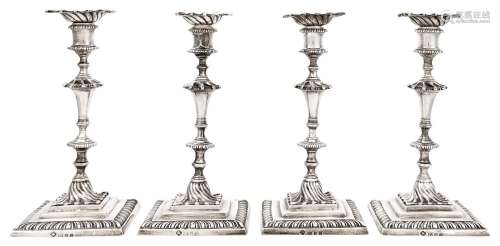 Set of Four Asprey Georgian Style Sterling Silver Candlestic...