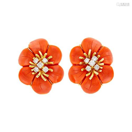 Pair of Gold, Carved Coral and Diamond Flower Earclips