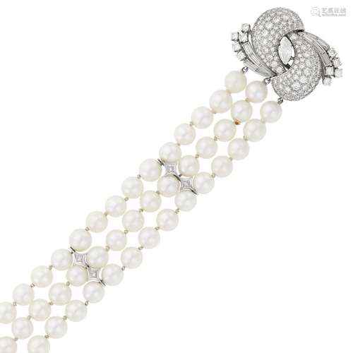 Triple Strand Cultured Pearl, Platinum and Diamond Bracelet