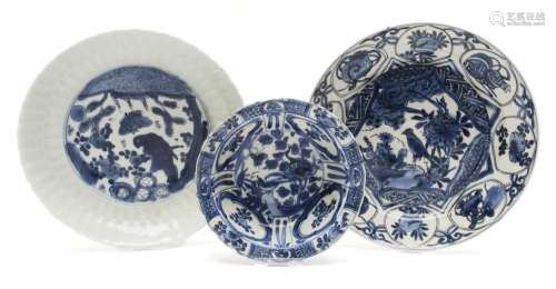 Two blue and white kraak porcelain plates and a small bowl