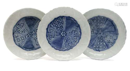 Three blue and white kraak porcelain plates