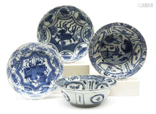 Four blue and white 'kraak' porcelain dishes