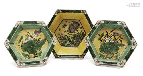 Three famille verte biscuit hexagonal dishes