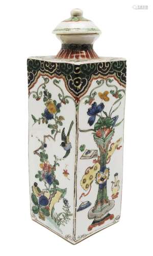 A famille verte tall square vase with cover