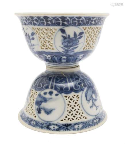 Two 'ling long' reticulated bowls with blue and white decora...