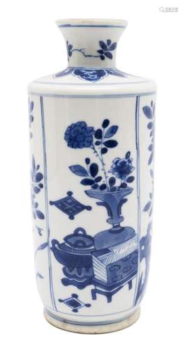 A cylindrical blue and white vase