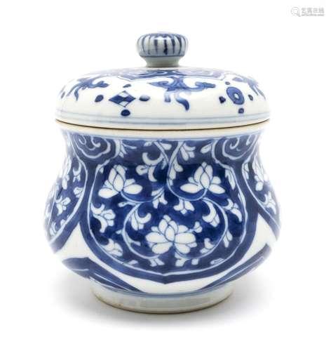 A blue and white covered pot