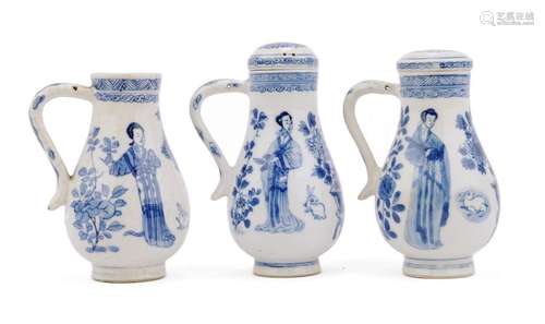 Three soft past porcelain blue and white small size pitchers