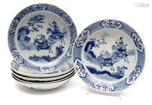 Six blue and white hunting scene plates