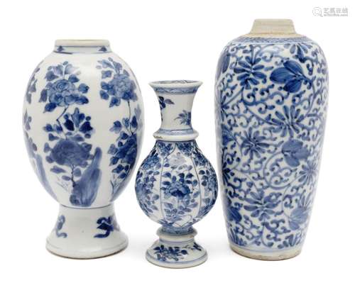 Three blue and white floral vases