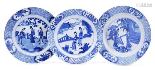 Three blue and white 'Long Eliza' plates