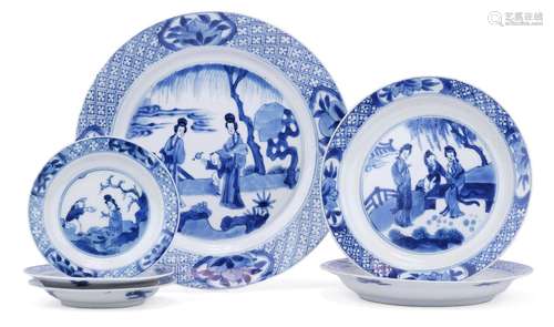 Six blue and white 'Long Eliza' plates