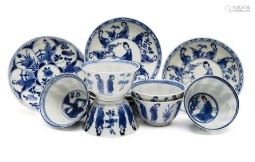 Six blue and white 'Long Eliza' cups and saucers