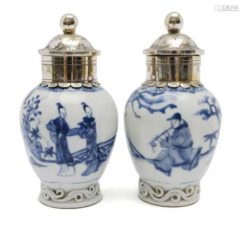 A pair of blue and white tea canisters with Dutch silver mou...