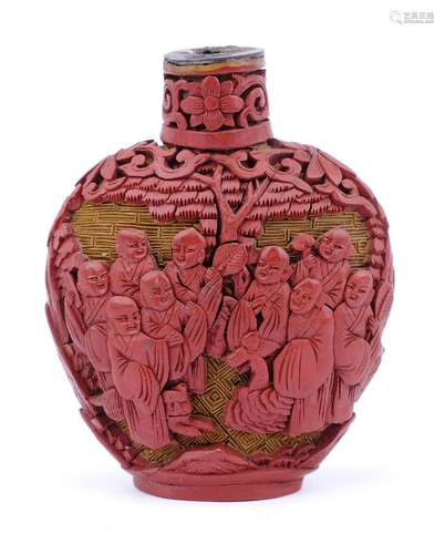 A Snuff bottle, cinnabar, shi ba luohan