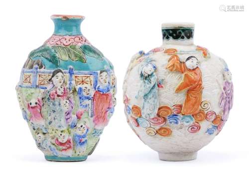 Two porcelain snuff bottles, famille rose relief