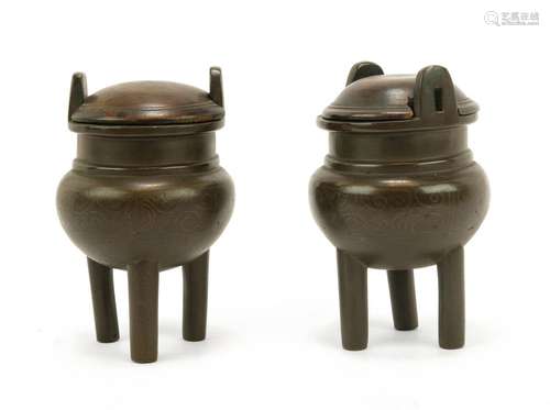 A small pair of ShiSou bronze inlaid censers