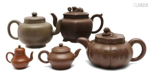 Five Yixing pottery teapots