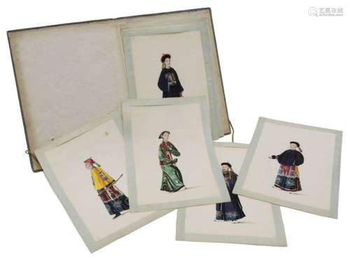 A folder with seven antique pith paper paintings of figures ...