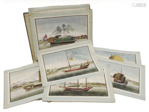 A folder with eleven antique pith paper paintings of boats