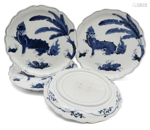 Four blue and white dishes with qilin