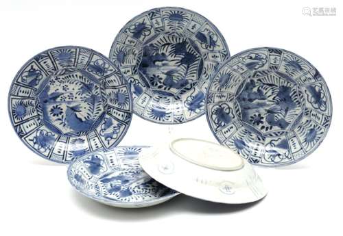 A set of five Japanese blue and white Arita 'Kraak' style di...