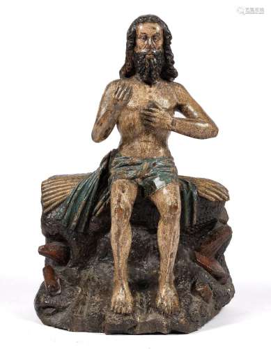 A Flemish carved and polychrome painted oak figure of Job on...
