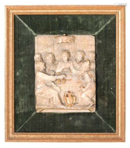 A Malines carved and parcel-gilt alabaster relief `The Weddi...