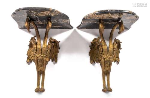 A pair of gilt-bronze and marble wall consoles