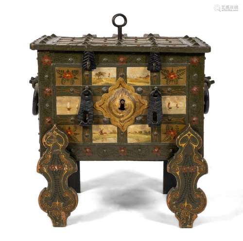 A German polychrome painted wrought-iron Armada chest on sta...