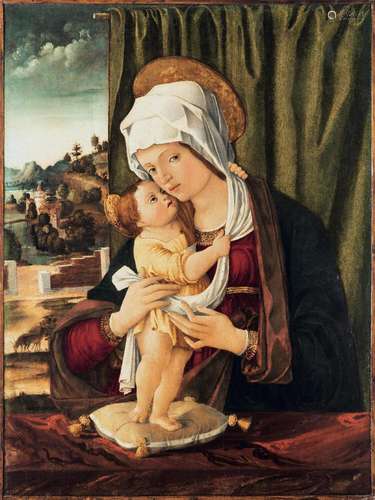 Montagna Benedetto, Madonna con Bambino su sfondo di paesagg...