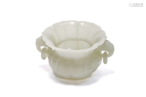 Carved White Jade Double Elephant-Eared Cup