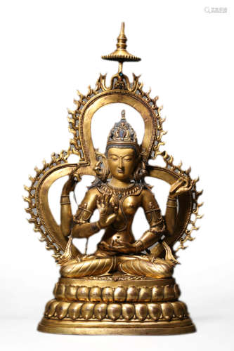 Gilt-Bronze Haloed Four-Armed Buddhisattva