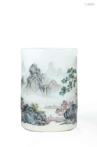 Glass Falang Inscribed Landscape Figure Brush Pot