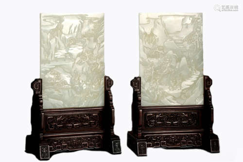 Pair Of Carved White Jade Landscape Table Screens