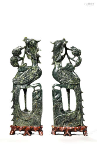 A Pair Of Spinach-Green Jade Phoenix Ornaments