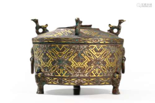 Gold And Silver Inlaying Bronze Tripod Censer