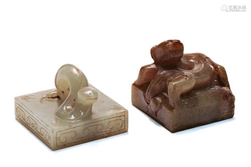 Set Of Two Carved Brownish Jade Seals(Dragon And Snake)