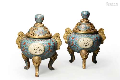 Pair Of Cloisonne Enamel Tripod Incense Burners