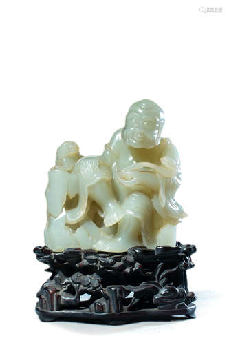 Carved Hetian Jade Figure Of Arhat And Lion