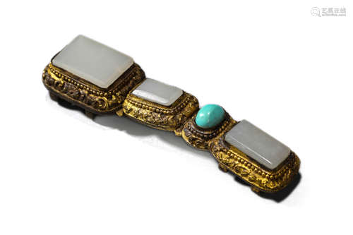 Gilt Bronze White Jade Belt Buckle