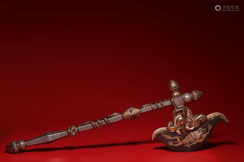 清代，铁剪金银螭龙纹金刚斧